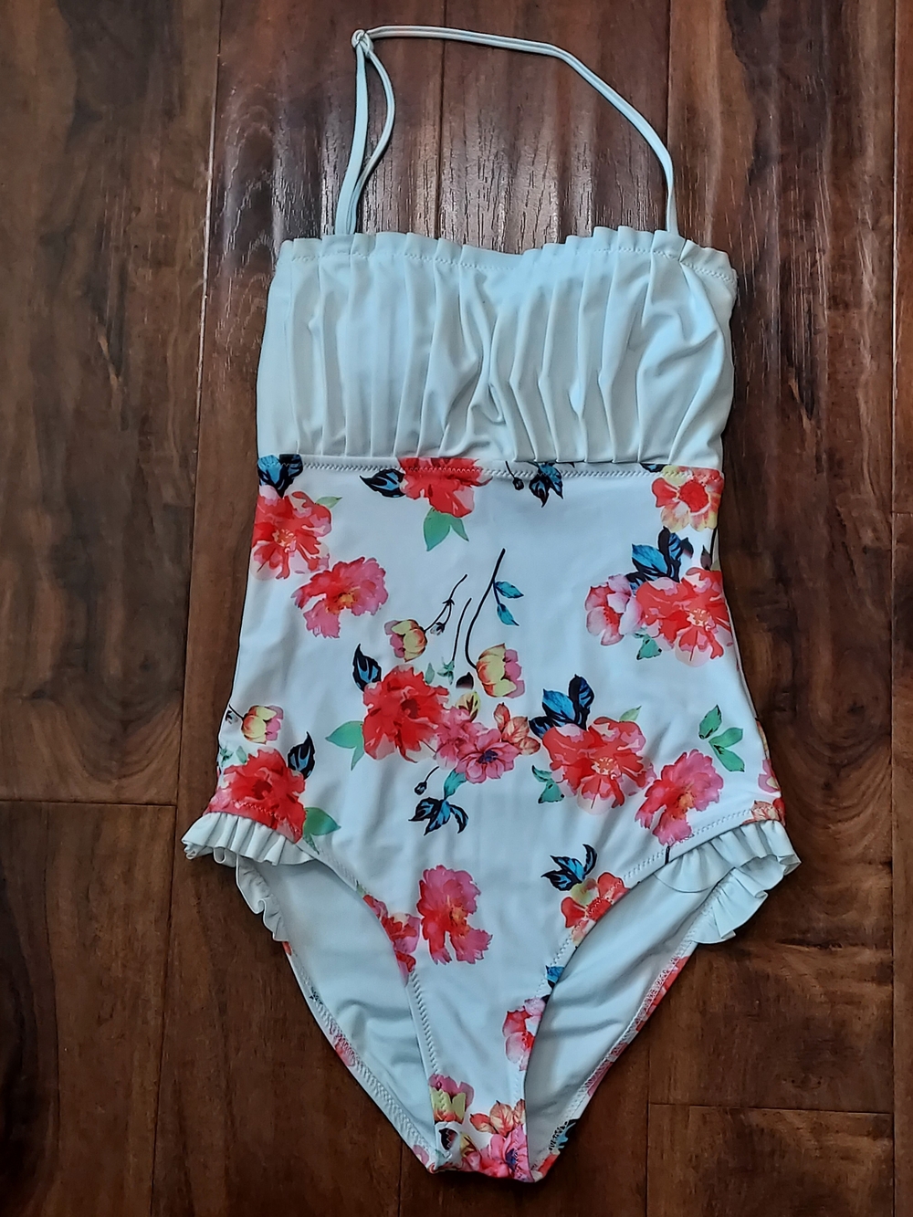 Floral White One-Piece Swimsuit with Ruffle Details